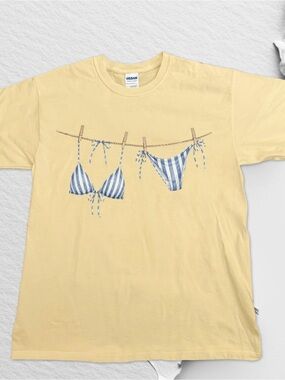 Gildan Pale Yellow Tee with Blue Striped Bikini Print